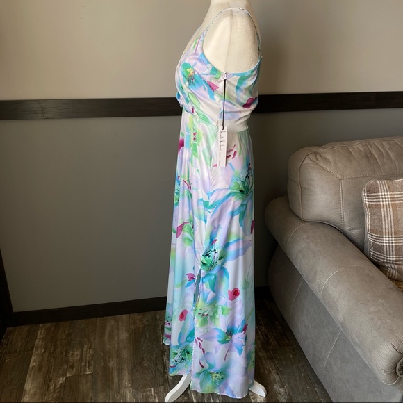 NICOLE MILLER spaghetti adjusted surplice neck open leg floral print satin sz XS - Picture 4 of 17